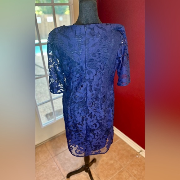 MSK Blue Floral Lace Overlay Sheath Dress Size 10 – Elegant Cocktail Dress - Picture 2 of 6